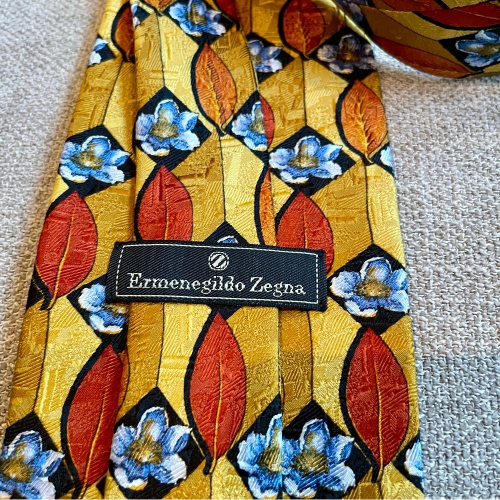 Ermenegildo Zenga Italian Silk Floral Print Vintage Men’s Tie Orange Yellow Blue - Picture 5 of 8